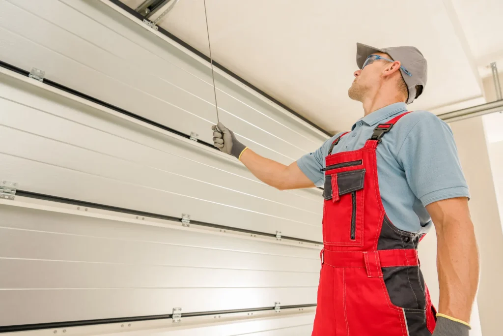 Technicien contrôlant le câble d’une porte de garage sectionnelle – dépannage de porte de garage à Pégomas