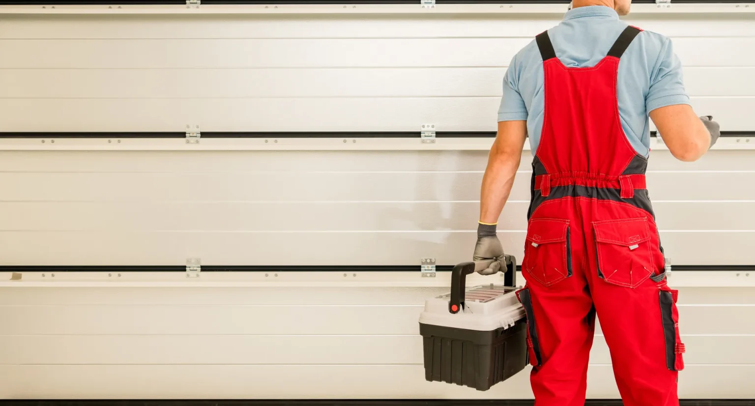 Installateur devant une porte de garage sectionnelle, caisse à outils à la main