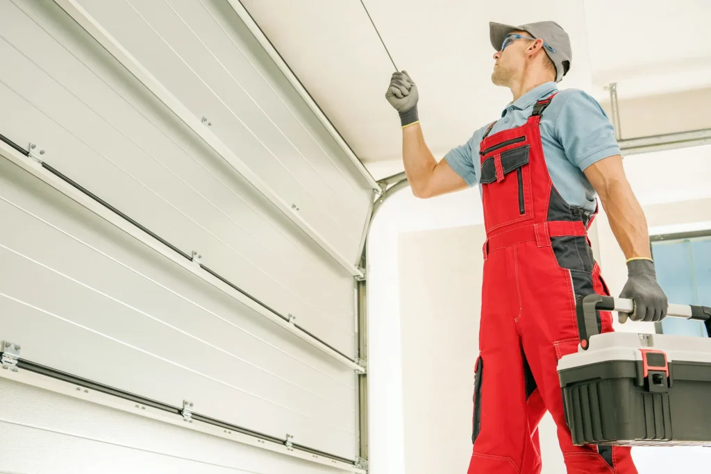 Technicien sous une porte de garage sectionnelle ouverte, caisse à outils à la main